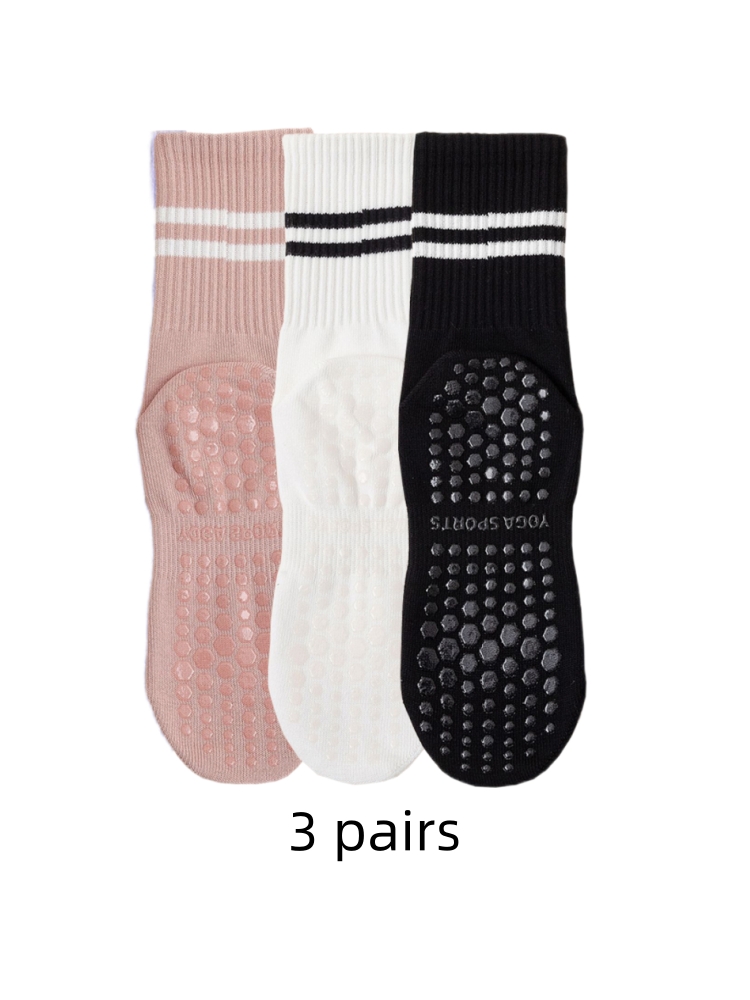 Medias Para Pilates Y Yoga - ถุงเท้าโยคะ 3 คู่ ถุงเท้ายาวปานกลาง ผ้าฝ้ายแท้กันลื่นซิลิโคนพิลาทิสออกกําลังกายในร่ม ถุงเท้ากีฬาผู้หญิงขายส่ง