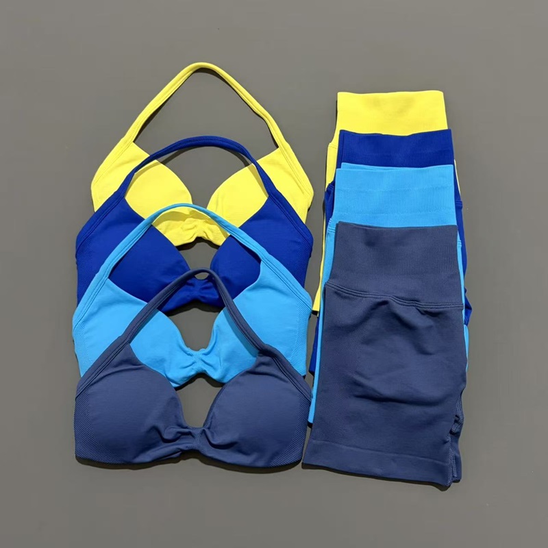 Pilates Yoga Wear - 2 ชิ้น HISTELLO ชุดกีฬาชุดโยคะแบบไม่มีรอยต่อสตรappy บราเอวสูงกางเกงขาสั้นระบายอากาศได้ดียิมออกกำลังกายเสื้อผ้าออกกำลังกาย