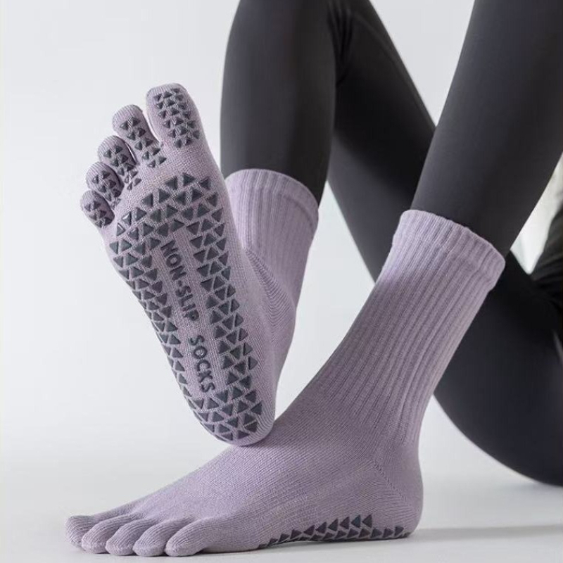 Medias Para Pilates Y Yoga - ถุงเท้าโยคะห้านิ้วแบบยูนิเซ็กส์ ความยาวระดับกลางน่อง พร้อมซิลิโคนกันลื่น ระบายอากาศได้ดี ผลิตจากผ้าฝ้าย แยกนิ้วเท้าสำหรับการออกกำลังกายพิลาทิสและฟิตเนส