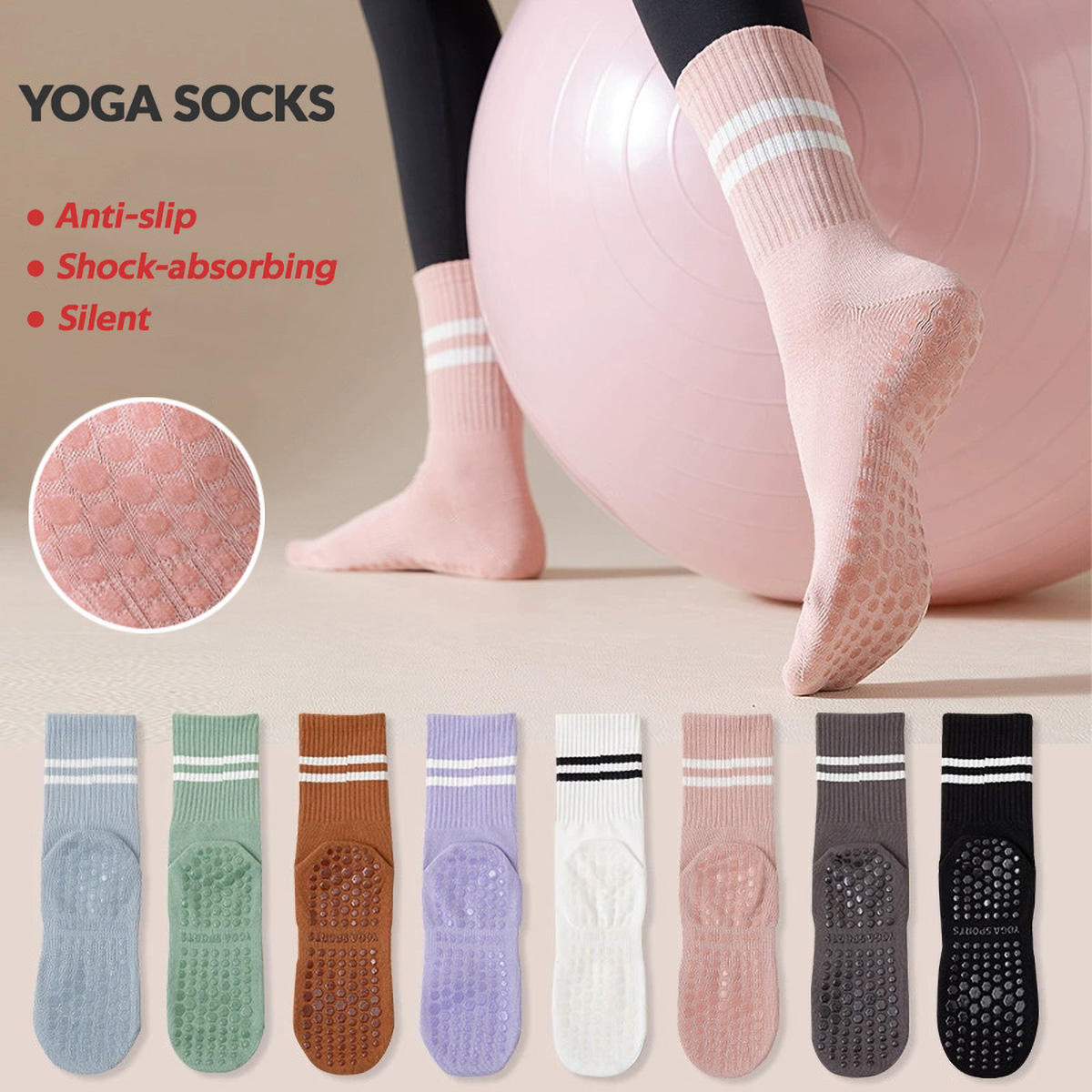 Medias Para Pilates Y Yoga - ถุงเท้ายาวสำหรับโยคะ 3 คู่ พร้อมแผ่นกันลื่นสำหรับผู้หญิง ถุงเท้ากันลื่นสำหรับพิลาทิส บาร์เร่