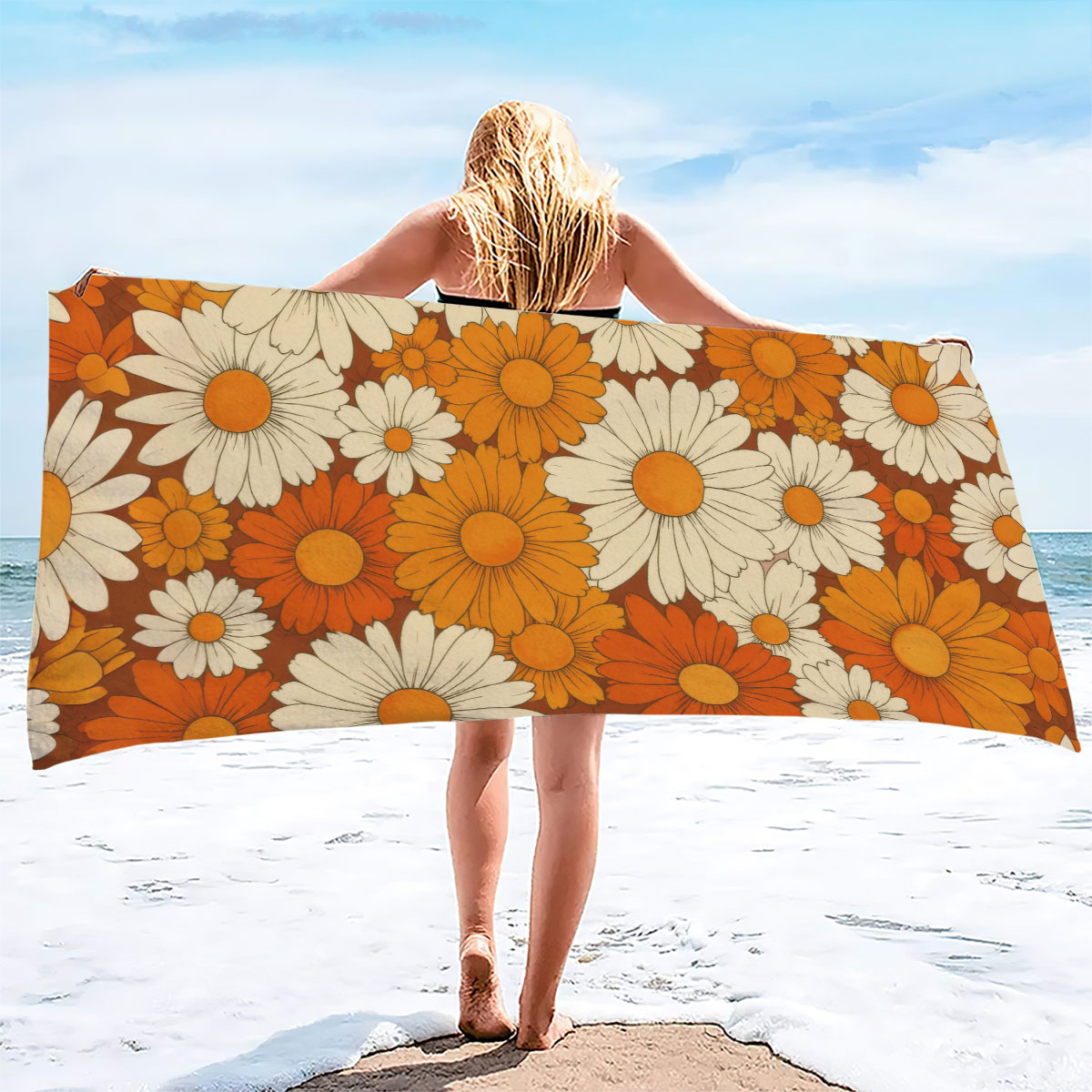 ผ้าขนหนูอาบน้ำลายดอกเดซี่สีส้ม - Pilates Yoga Towel บทวิจารณ์และราคา