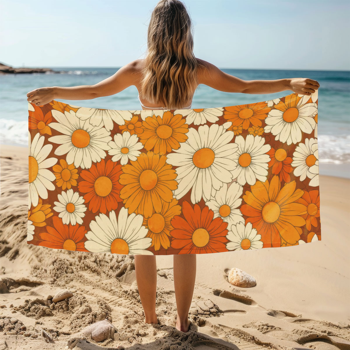 ผ้าขนหนูอาบน้ำลายดอกเดซี่สีส้ม - Pilates Yoga Towel บทวิจารณ์และราคา